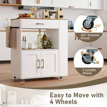 COSTWAY Kitchen Island Cart With Storage, Rolling Kitchen Island On Wheels With Large Drawer, 2-Door Cabinet, Towel Rack & 3-Tier Spice Racks, White - White - View 4