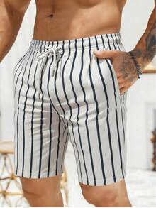 男士蓝白条纹沙滩短裤，休闲日常穿着及度假之选 - 黑與白 - 查看 5