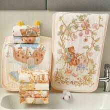 4/5件套，四层印花卡通动物图案纱布毛巾，柔软吸水面巾，秋季礼物 - 多色 - 查看 2