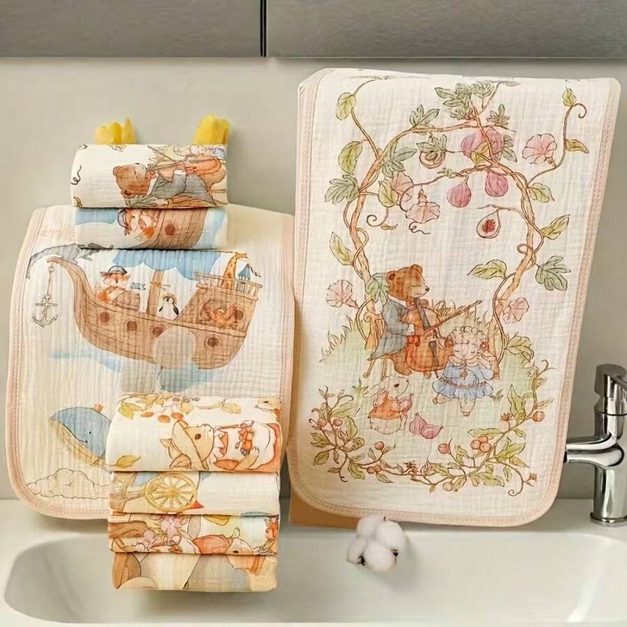 4/5件套，四层印花卡通动物图案纱布毛巾，柔软吸水面巾，秋季礼物