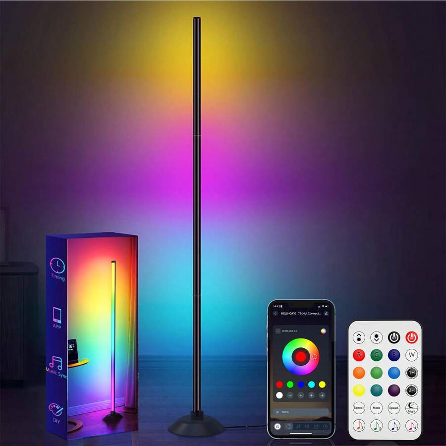 NBBUFF Đèn sàn góc RGBIC 47 inch, trang trí nhà cửa, ánh sáng xung quanh đổi màu, có ứng dụng, điều khiển từ xa và hộp điều khiển, đồng bộ nhạc, hẹn giờ, thích hợp cho phòng khách, phòng ngủ và góc phòng chơi game.