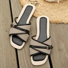 Dép lê nữ mùa hè tối giản với quai đan chéo, dép bệt khóa kim loại mới, dép đi biển đa năng. - màu đen - Xem 14