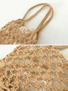 Dedoo Simple Cotton Rope Hand-Woven One-Shoulder Bag, Hollow Grid Design, Literary And Retro Style Crocheted Armpit Bag, Suitable For Spring And Summer Shoulder Bags, Daily Matching, Vacation Bag - Khaki - View 7