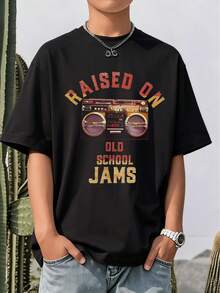 [Music Festival] Tween Boy Music Festival Letter Print Pullover Crew Neck T-Shirt - Spring, Summer, And Autumn Student Young Children's Short-Sleeve Top - Perfect For Playing And Casual Outings. A Fun And Colorful T-Shirt That Inspires Every Child's Imagination. Suitable For Sporty Boys' Everyday Wear, Street Style, And School Uniforms. - 黑色 - 查看 4