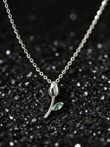 1pc S925 Sterling Silver Zirconia Inlaid Tulip Pendant Necklace, Sweet & Cute Rose Flower Minimalist Delicate Clavicle Chain, Suitable For Girls, Students For Daily Wear - Tulip - View 8
