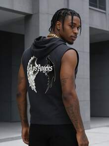 洛杉矶城市雄狮图案无袖背心，男士深灰色连帽休闲背心，复古字体印花设计，透气舒适夏季街头服饰 - 灰色 - 查看 3