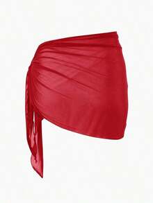 Swim Basics Solid Color Mesh Cover-Up Skirt For Beach Resort For Summer Beach Vacation - 紅色 - 查看 3