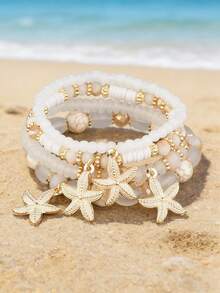 4件套时尚、性感、优雅的波西米亚海洋主题海星吊坠多层串珠手链套装，适合夏季休闲、派对、音乐节等场合。 - 彩色 - 查看 1