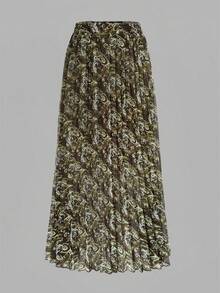 女士优雅佩斯利印花褶裥松紧腰半身裙，适合日常通勤，春夏穿着 - 花綠 - 查看 2