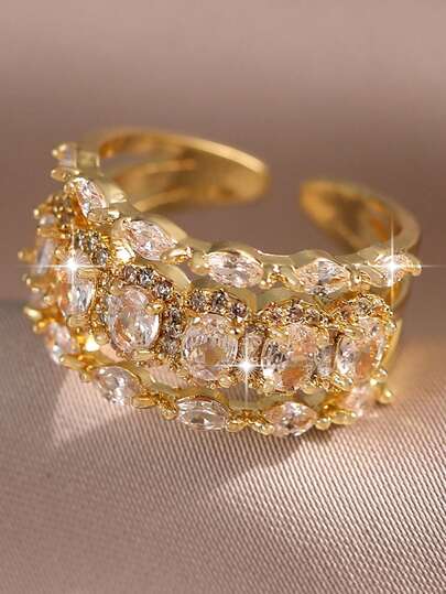 jealous young 1 Stück modischer, glamouröser mehrschichtiger, glänzender ovaler Verlobungsring aus kubischem Zirkonia, einzigartiges Design mit Öffnungsfunktion, geeignet für den täglichen Gebrauch, Geschäft, Hochzeitsbankette, Festivalpartys