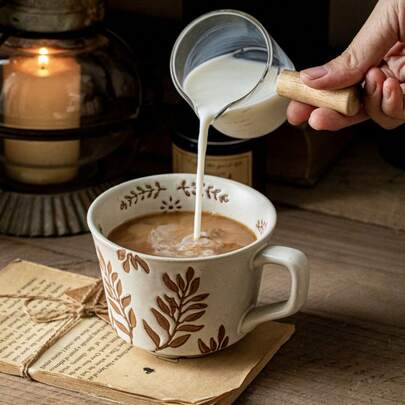 Cốc cà phê gốm thủ công mộc mạc, cốc gốm vẽ lá cổ điển, cốc uống nước bữa sáng gia đình, cốc quà tặng sự kiện kinh doanh mang phong cách trang nhã.