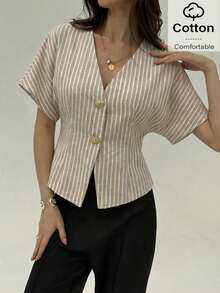 Women's Casual Office Elegant Beige Striped Cotton Blend V-Neck Short Sleeve Button Front Shirt - Khaki - View 6