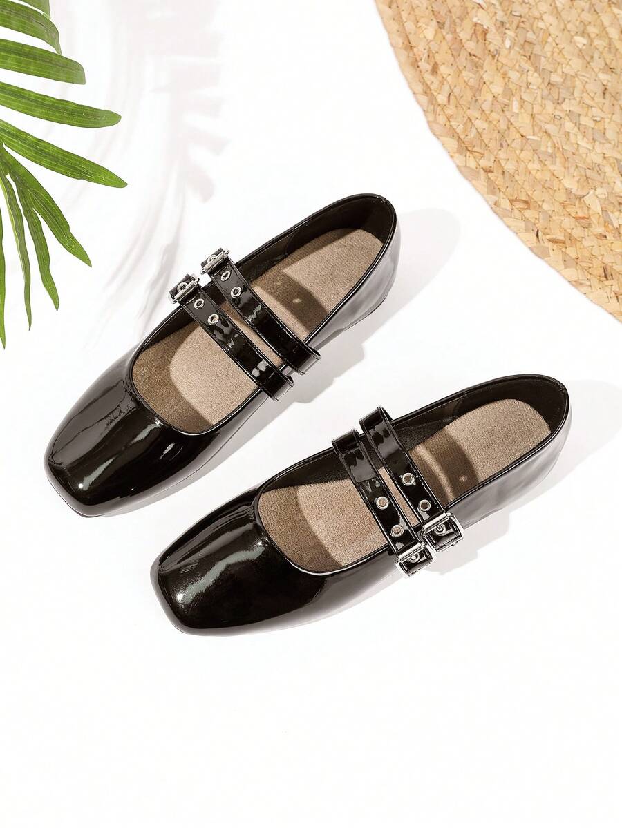 Zapatos Mary Jane planos y poco profundos con doble hebilla, adecuados para faldas y uso diario - Negro - Ver 1