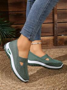Wide Width Women's Walking Shoes | Breathable Mesh Slip On Lightweight Non-Slip Comfort Sneakers For Daily Casual Elderly - 綠色 - 查看 3
