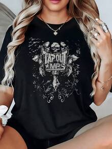 Símbolos de fuerza y espíritu rebelde con calaveras y escudos entre líneas abstractas que evocan coraje y actitud urbana camiseta de mujer con gráfico artístico moderno 220g - Negro - Ver 8