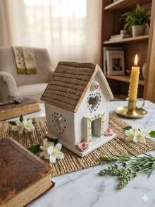 Casa Decorativa em Cerâmica com Pássaro e Flores – Enfeite Charmoso para Mesa, Estante ou Decoração Elegante - 1PC - Visão 3