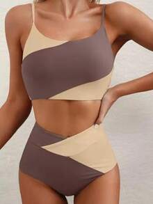 Women's Two Piece Bathing Suits Sleeveless Contrast Color Cami Tops High Waist Thong Sets - Coffee Brown - View 2