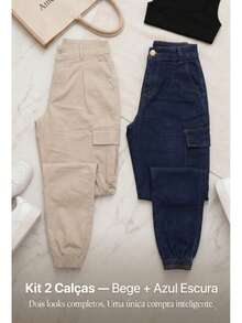 Stillger Moda Jeans Kit 2 Women's Cargo Jeans Jogger High Waist Butt Lifting Premium Pants With Lycra Side Pockets - 米色和深藍色 - 查看 4