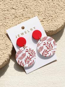1 Pair Women's Leaf & Floral Print Red Ceramic Texture Elegant Round Acrylic Earrings - Multicolor - View 2
