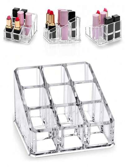 2/1件 9格口红收纳盒，桌面唇彩多格化妆品口红架，收纳整理盒，透明展示架，化妆包收纳盒。