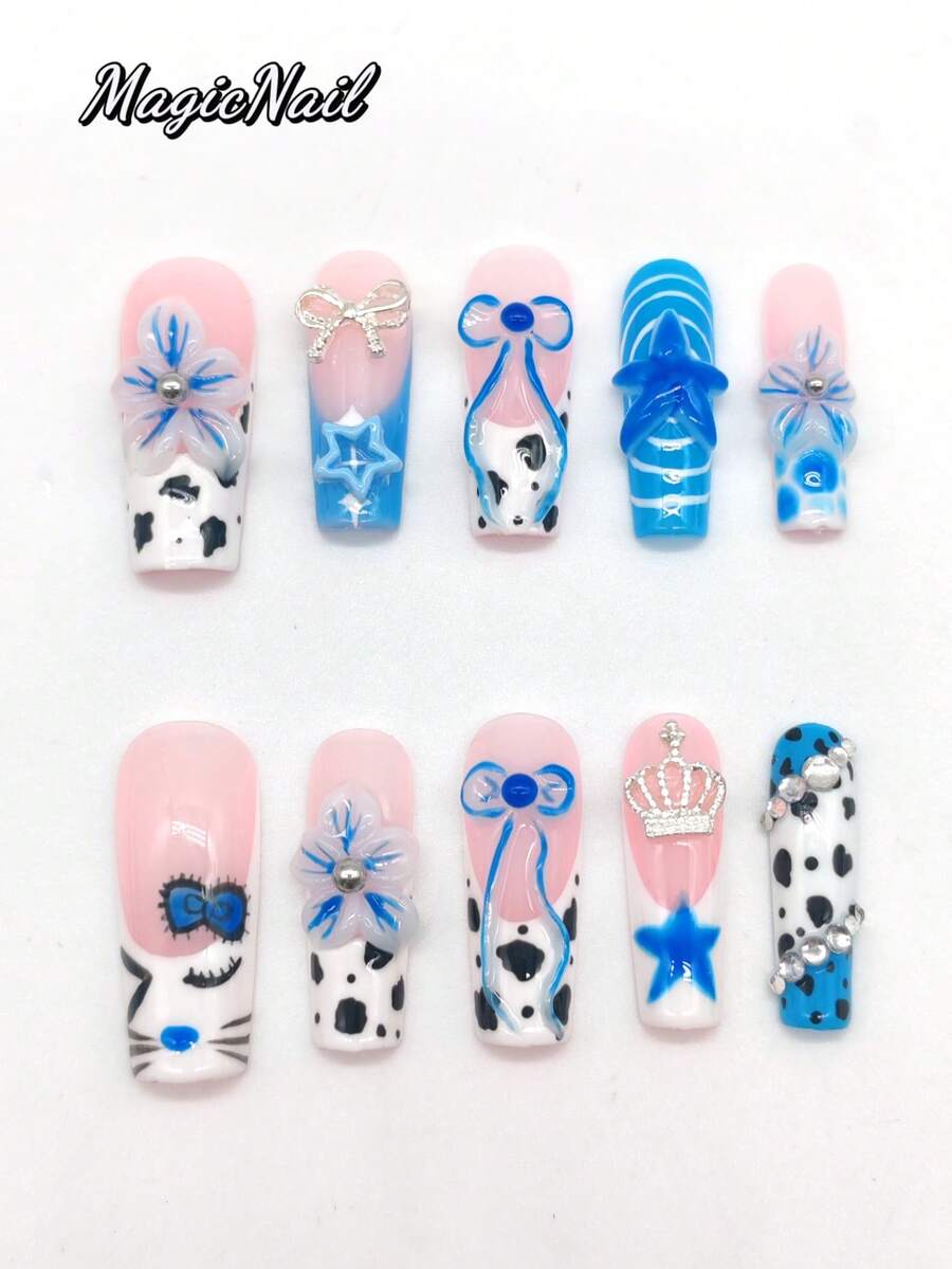 10 Móng giả dán thủ công, dài 33mm, hình dáng quan tài, màu hồng dưỡng ẩm, màu trắng, màu xanh dương, hoa trắng nổi 3D, nơ dây mảnh, họa tiết ngôi sao năm cánh nổi, nơ họa tiết mèo hoạt hình vẽ tay, chấm đen. Móng giả dễ thương, móng giả mùa xuân. - Nhiều màu - Xem 1