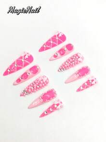 10片纯手工压制可佩戴美甲贴片，45mm长杏仁形，粉色，3D粉色蝴蝶结饰品，粉色网格线，水钻白色珍珠3D小花覆盖部分甲面，造型可爱。尖头美甲贴片，春日美甲贴片。 - 彩色 - 查看 3