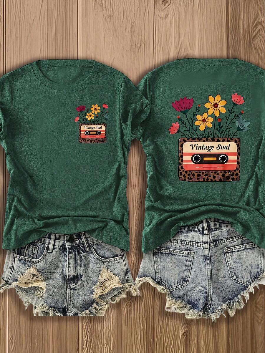 Double-Sided Printed Colored Cotton T-Shirt  Comfortable, Stylish With Minimalist Design, Casual & Versatile, INS Style Vintage Soul Cassette Flowers Leopard Graphic Graphic T Shirts Vintage - 墨綠色 - 查看 1