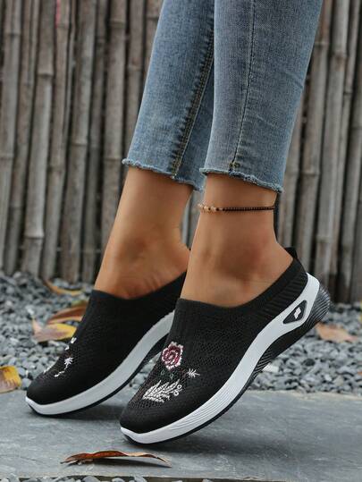 Summer Breathable Mesh Slip-On Shoes For Women, Embroidered Casual Loafers, Lightweight Middle-Aged & Elderly Mother Shoes