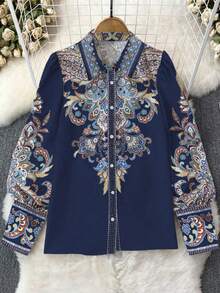 Plus Size Women's Autumn Bohemian Style Shirt Collar Print Vacation Dress, Elegant Women's Festival Clothing, Turndown Collar Long Sleeve Blouse Spring - Navy Blue - View 2