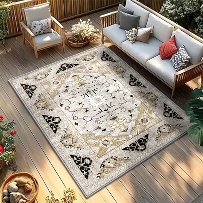 1 件波斯风格经典地毯，米色底，饰以黑色和金色几何花卉图案。天鹅绒面料，重约 850 克，厚约 0.6 厘米。经久耐用，防滑，易于清洁。多种尺寸可选。适用于厨房/客厅/餐厅/卧室/阳台/浴室/书房。完美的家居装饰之选。