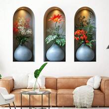 3pcs 3D Arched Flower Vase Wall Stickers, Removable Self-Adhesive Waterproof PVC Decals, Suitable For Sofa Backdrop, Office, Corridor, Entrance And Indoor Art Decoration - Arched Floral Wall Stickers - View 4