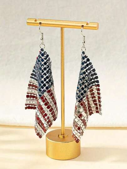 1 Pair Fashionable American Flag Print Mesh Hoop Earrings, Suitable For Casual Daily Wear And Holiday Parties