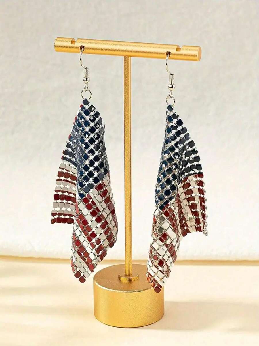1 Pair Fashionable American Flag Print Mesh Hoop Earrings, Suitable For Casual Daily Wear And Holiday Parties - Multicolor - View 1