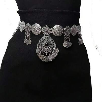 1 قطعة سلسلة خصر بعملات معدنية عتيقة، حزام خصر معدني بشراشيب على الطراز البوهيمي، إكسسوار رقص بطن