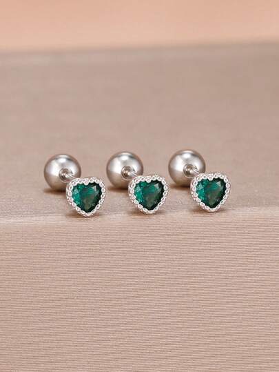 Three Same Fashion Screw Helix Piercing Heart Stud Earrings Set For Women Green Zirconia Hypoallergenic Earring Girls Jewelry Gift