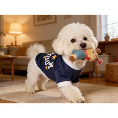 Navy & White Dog T-Shirt With "NAUGHTY" Letter & Star Print, Thermal Lined Small Dog Poodle Teddy Autumn/Winter Top, Pet Funny "NAUGHTY" Slogan Star Print Colorblock Dog T-Shirt