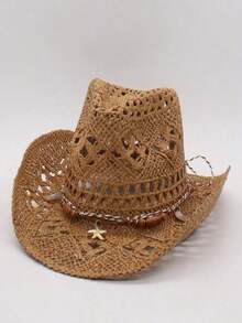 1pc Bohemian Solid Color Beaded Hollow Panama Straw Hat, Casual Protective Decorative Sun Hat, Fashion Versatile, Suitable For Outdoor Activities, All Seasons, Holiday Gift, Mother's Day Gift For Mom, Valentine's Day, Suitable For Vacation, Photography, Women's Gift - MZ3056+ML56 - 查看 6