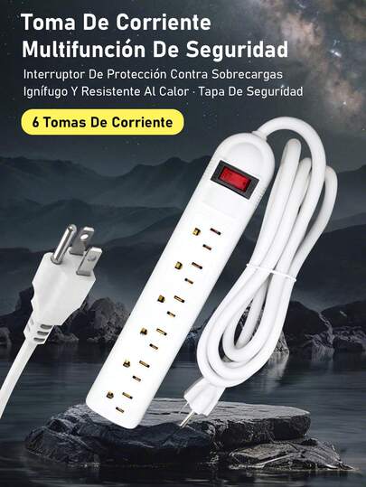 Regleta de enchufes con 6 tomas, cable de extensión, regleta de alimentación, protección contra sobrecarga, adecuada para casa, oficina, garaje, taller