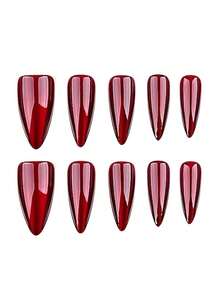 24pcs Shiny Cat Eye Nail Stickers, Red Solid Color Pointed Cat Eye Nail Decals + 1pc Jelly Gel + 1pc Nail Buffer - Red - View 2