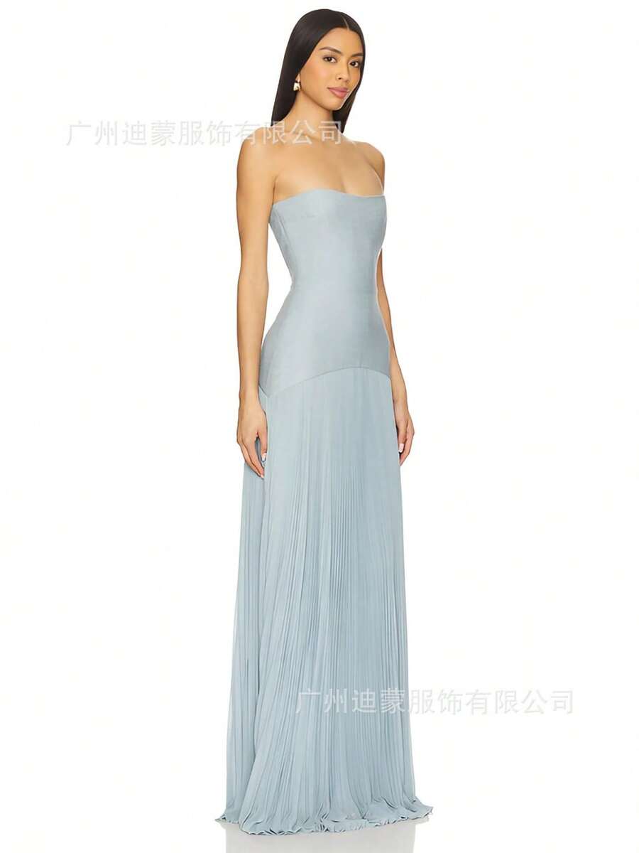 2026 Women Fashion Hot Selling Casual Ribbed Fabric Strapless Pleated Mini Dress European American Style Elegant Party Evening Dresses - 天藍色 - 查看 1