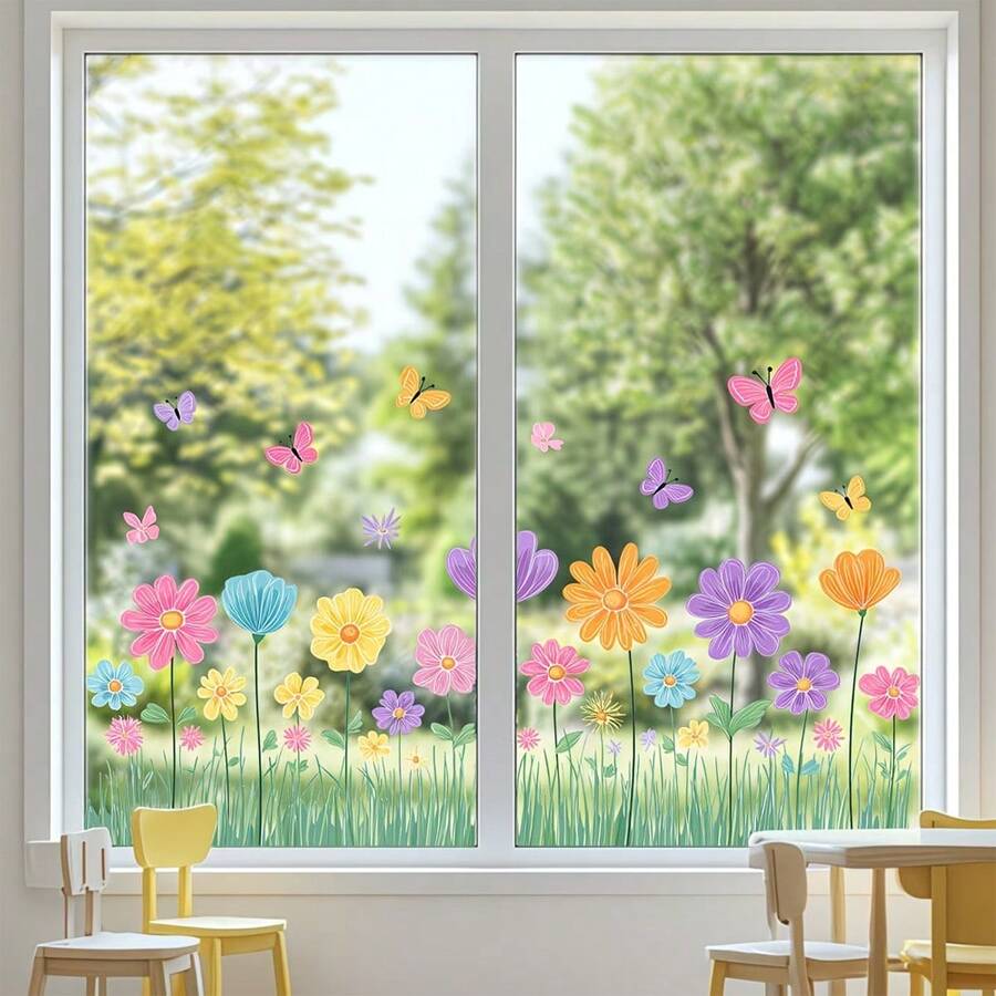 1片逼真郁金香花瓶蝴蝶窗贴,采用亮面PVC材质,适用于家居客厅卧室落地窗,自粘式春季花卉装饰贴纸 - 多款 - 查看 1