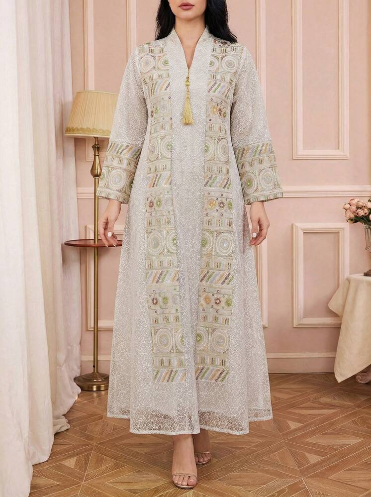 Solessence Women's Embroidered Mesh Stand Collar Sequin Long Sleeve Dress, Elegant Jalabiya - NC03 - View 1