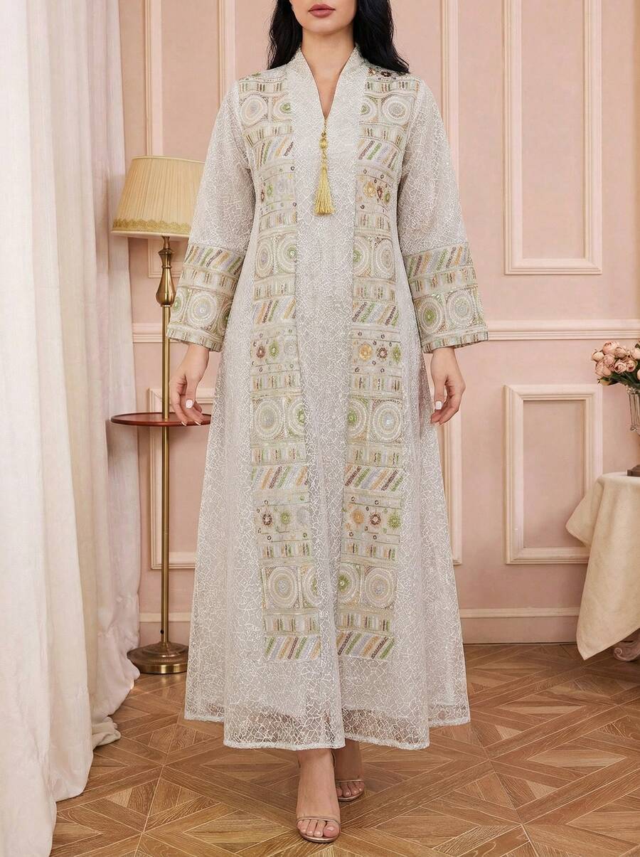 Solessence 女士刺绣网眼立领亮片长袖连衣裙，优雅的 Jalabiya