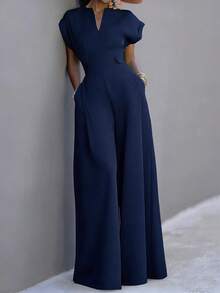 Women's New Solid Color Cutout Pocket Wide Leg Jumpsuit, Suitable For Daily, Office, Vacation In Spring & Summer - Recommend Sizing Up One Size For Slim Fit - Navy Blue - View 7