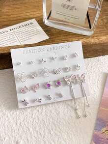 11 Pairs Cat's Eye Stud Earrings Set With Shallow-Colored Bow, Glitter Pink Earrings, Zinc Alloy Rhinestone Earrings, Fashionable & Suitable For Daily Wear, A Gift For Girlfriend - Hồng - Xem 11