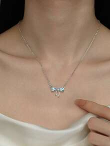 1件S925纯银甜美优雅天然宝石蝴蝶吊坠项链，法式甜美少女风锁骨链，百搭派对、工作场合，送给闺蜜的礼物 - 蝴蝶結 - 查看 3