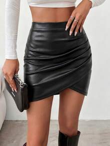 UREREM 女士性感优雅黑色涤纶（PU）不对称褶皱紧身迷你裙 春季 - 黑色 - 查看 5