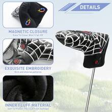 FINGER TEN Funda para putter de golf con cierre magnético y diseño de araña de PU, ajuste universal para putters de hoja, protección bordada impermeable para palos de golf - Negro - Ver 3