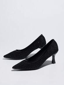 女士时尚水钻装饰高跟鞋 - 黑色 - 查看 4