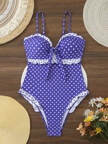 Bodysuit Polkadot Elastis Tinggi untuk Wanita dengan Hiasan Ruffle, Cocok untuk Liburan Pantai Musim Panas - Purple - View 3